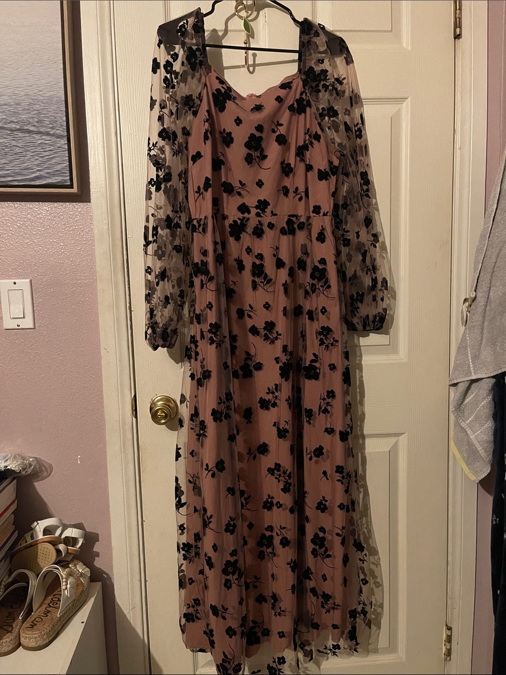 SHEIN Dusty Rose Maxi Dress with Black Floral Chiffon Overlay